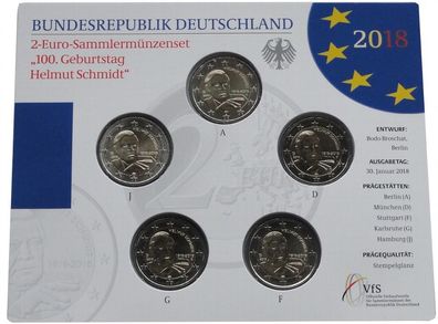 5 x 2 Euro Gedenkmünzen - Set Helmut Schmidt 2018 ADFGJ STGL im Blister