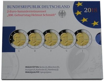 5 x 2 Euro Gedenkmünzen - Set Helmut Schmidt 2018 ADFGJ Spiegelglanz im Blister