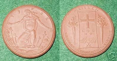Porzellan Medaille Krieger Gedächtniskirche Meißen 1922