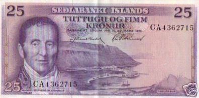 seltene Banknote Island 25 Kronur 1961