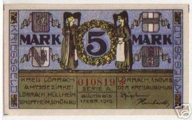 5 Mark Banknote Kriegsgeld Kreis Lörrach 1919