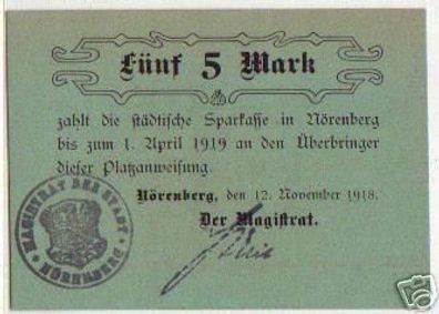 5 Mark Banknote Notgeld Stadt Nörenberg 1918