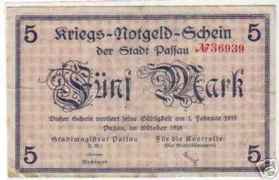 5 Mark Banknote Notgeld Stadt Passau 1918