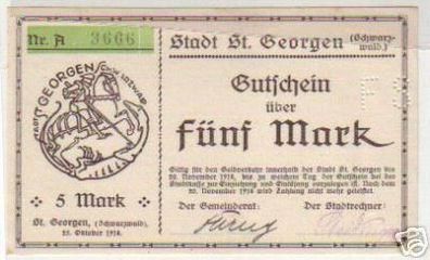 5 Mark Banknote Notgeld Stadt St.Georgen Schwarzwald