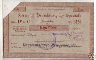 6 Mark Banknote Kriegsnotgeld Braunschweig 1918