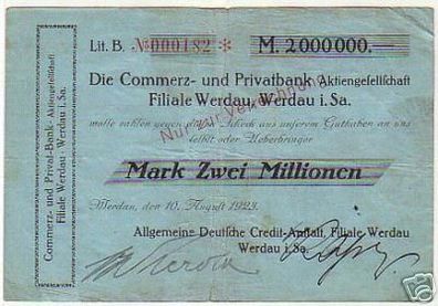 seltene Banknote Inflation 2 Millionen Mark 1923 Werdau