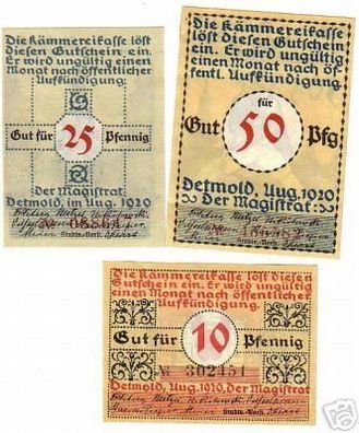 4 Banknoten Notgeld Stadt Detmold 1920