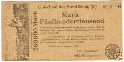 seltene Banknote Inflation 500000 Mark Stadt Penig 1923