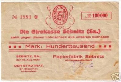 seltene Banknote Inflation Papierfabrik Sebnitz 1923