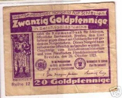 Banknote 20 Goldpfennig Handelsministerium Breslau 1923