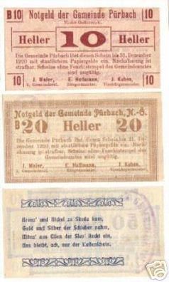 3 Banknoten Notgeld der GemeindePürbach N.Ö. 1920