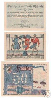 3 Banknoten Notgeld der Gemeinde Aschach um 1920