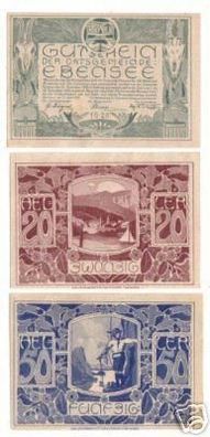 3 Banknoten Notgeld Ortsgemeinde Ebensee 1920