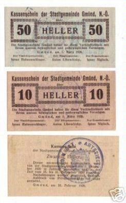 3 Banknoten Notgeld der Stadtgemeinde Gmünd N.Ö. 1920