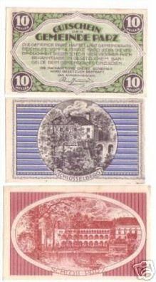 3 Banknoten Notgeld Gemeinde Parz um 1920