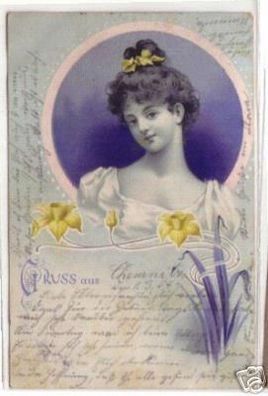 09313 Jugendstil Ak Mädchen mit Osterglocken 1904