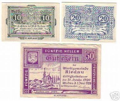 3 Banknoten Notgeld Marktgemeinde Riedau 1920