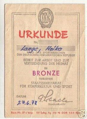 DDR Urkunde zum Sportabzeichen in Bronze 1978