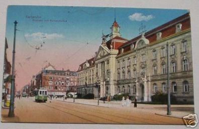schöne Ak Karlsruhe Postamt mit Kaiserstrasse 1915