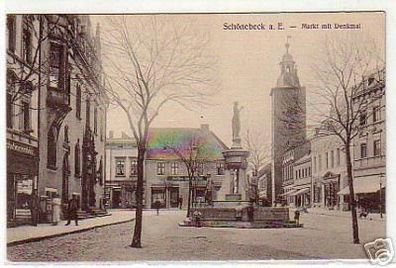 schöne Ak Schönebeck Markt mit Denkmal 1914