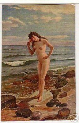 02865 Ak Erotik Nackte am Meer mit Muschel um 1910