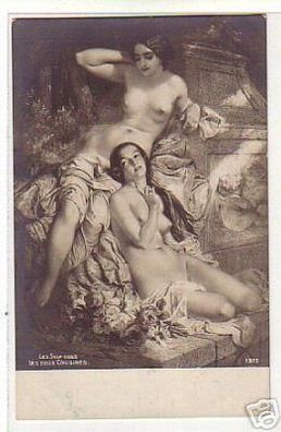 02967 Ak Erotik 2 nackte Damen auf Marmorsockel um 1920