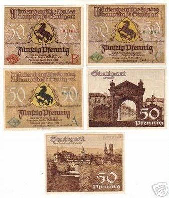5 Banknoten Notgeld Stadt Stuttgart 1921