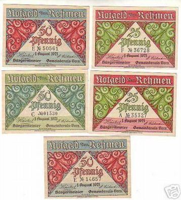 5 seltene Banknoten Notgeld Stadt Rehmen 1921