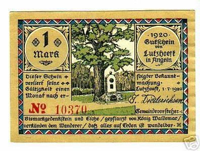 Banknote Notgeld 1 Mark Lutzhoeft in Angeln 1920