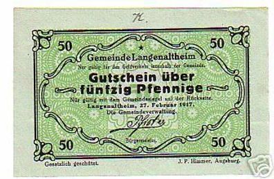 Notgeldschein 50 Pfennig Gemeinde Langenaltheim 1917