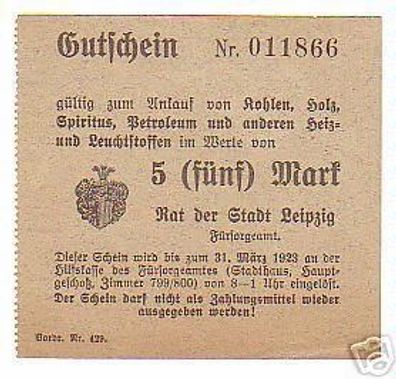 rarer Gutschein für Heizmittel 5 Mark Leipzig 1923