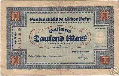 seltene Banknote Inflation 1000 Mark Stadt Schopfheim