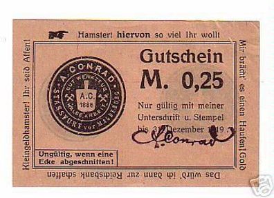 25 Pfennig Gutschein Werkzeug Geschäft Stassfurt 1919
