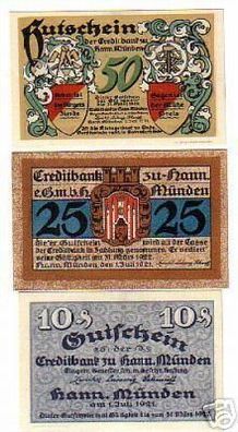 3 seltene Banknoten Notgeld Hann. Münden 1921