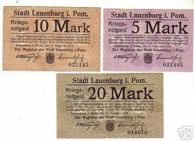 3 seltene Banknoten Notgeld Lauenburg i. Pom. 1918