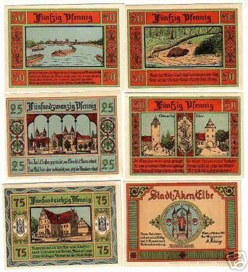 6 Banknoten Notgeld Stadt Aken Elbe 1921