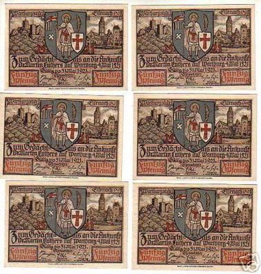 6 Banknoten Notgeld der Stadt Eisenach 1921