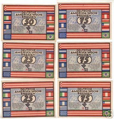 6 Banknoten Notgeld Bremen deutsche Amerika Woche 1923