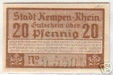 20 Pfennig Banknote der Stadt Kempen Rhein 1920