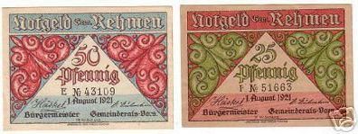 2 Banknoten Notgeld der Gemeinde Rehmen 1921