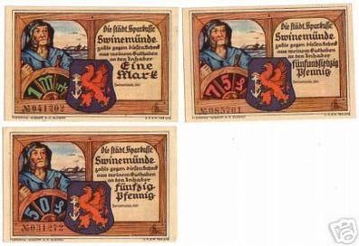 3 Banknoten Notgeld der Stadt Swinemünde um 1920