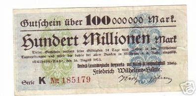 Banknote Inflation 100 Millionen Mark Mülheim Ruhr 1923