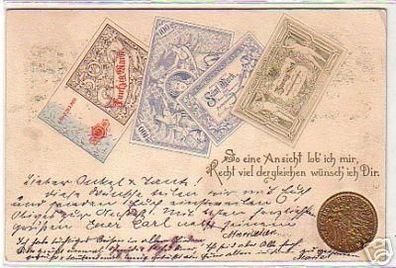 18028 Präge Ak mit Banknoten und Münzen 1899