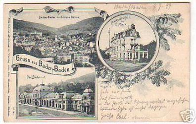 06815 Ak Gruß aus Baden-Baden Bahnhof, Gasthof usw.1899