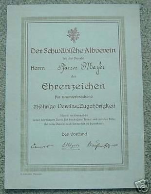 Urkunde zum Ehrenzeichen 25 J. Schwäbischer Albverein