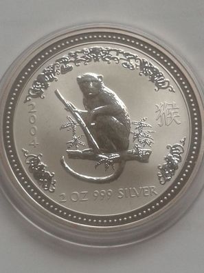 2$ 2004 Australien Lunar Affe 2 Unzen 62,2g 999er Silber in Münzdose