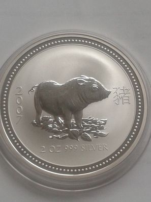 2$ 2007 Australien Lunar Schwein 2 Unzen 62,2g 999er Silber in original Münzdose