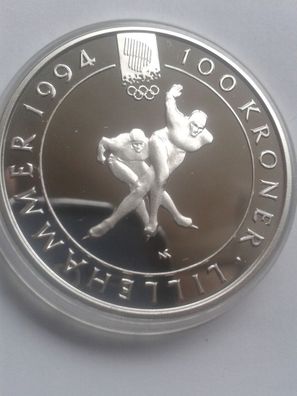 100 Kronen 1991 PP Silber Norwegen König Olaf V. Olympische Spiele Lillehammer 1994