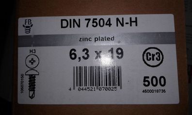 DIN 7504 Bohrschrauben Linsenkopf 6,3 x 19, Stahl verz. 50 Stk