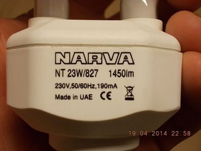 Energiesparlampe NARVA NT 23W/827 1450lm 230V,50/60Hz, 190mA Made in UAE CE